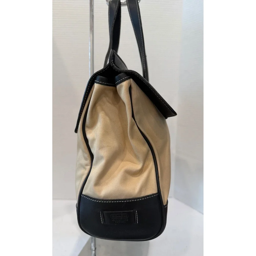 Vintage Coach Hampton Beige Fabric/Black Leather Trim Tote Bag Purse 7705 - Picture 3 of 9